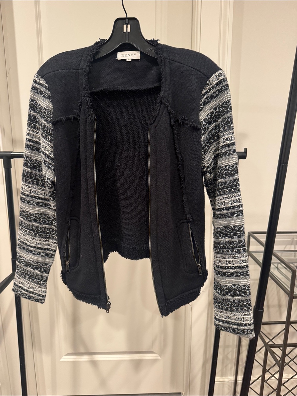 Renvy Black Jacket with Patterned Gray Sleeves